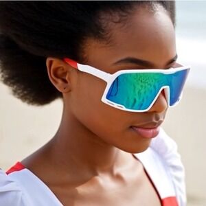 Sport Sunglasses Women,‎ Cycling, Running, White Frame, Oceanic Blue Mirror Lens